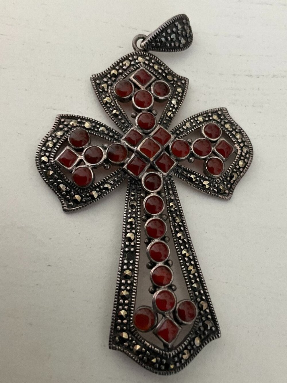 Large vintage silver carnelian and marcasite cross pendant FESTIVAL